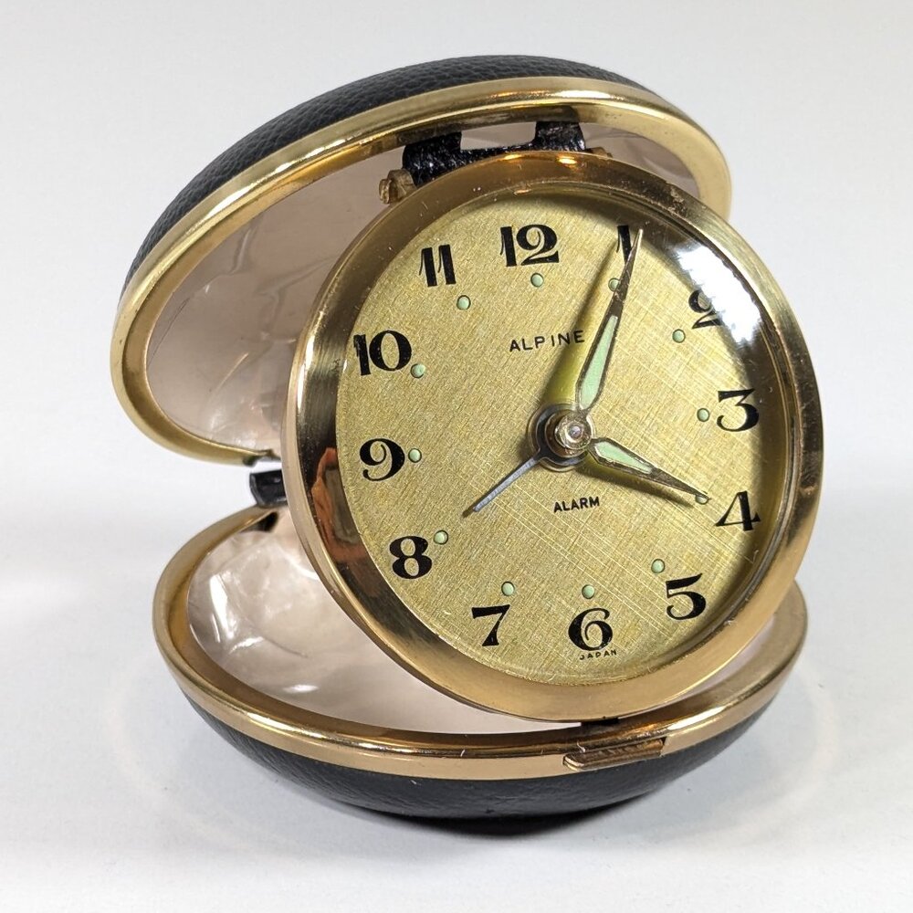 Vintage ALPINE travel alarm clock, mechanical wind up clock Japan